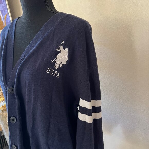 U.S Polo Assn. Embroidered Striped Navy Blue Oversized Cardigan Sweater XL - Picture 2 of 10
